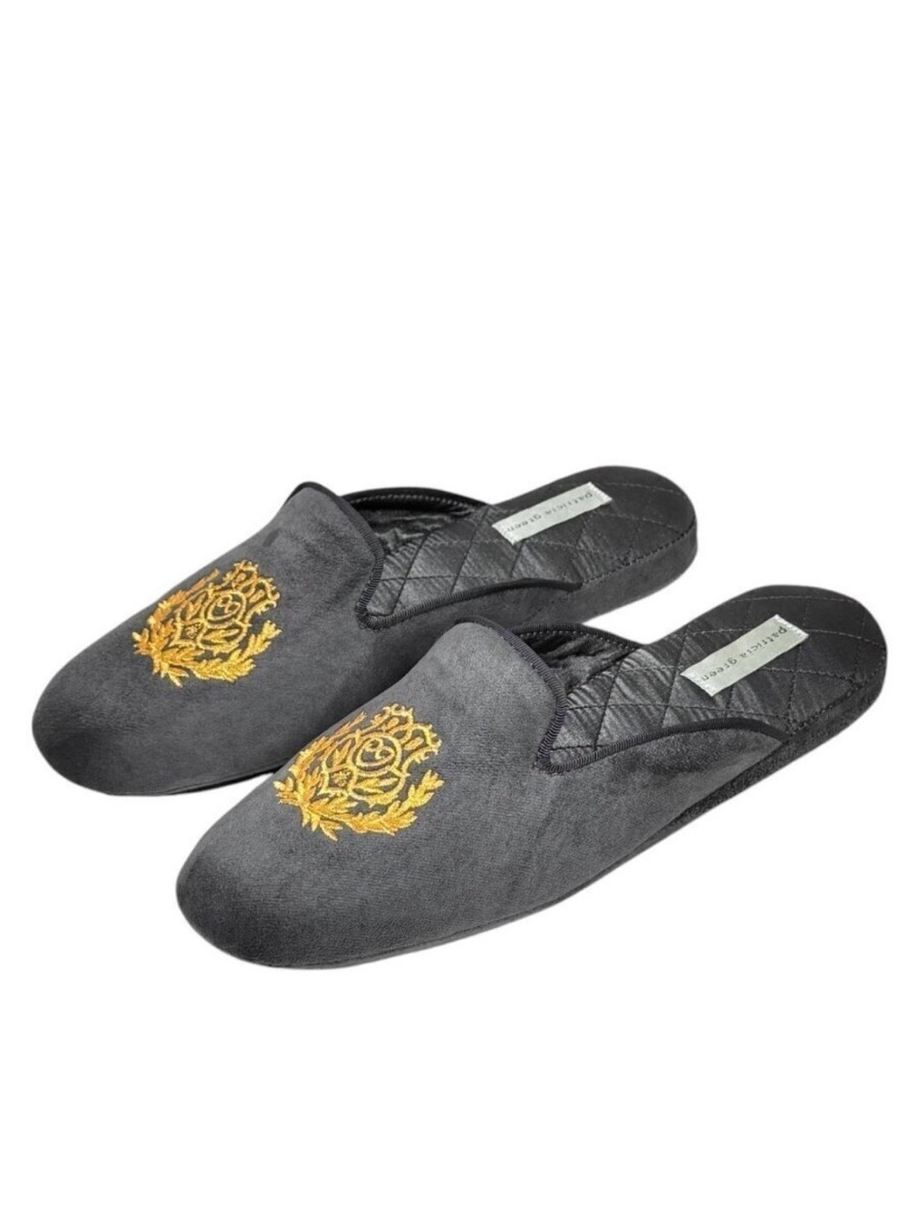 NWT Patricia Green Velvet Slippers Sz 10 Diana Embroidered Gray Preppy Lounge